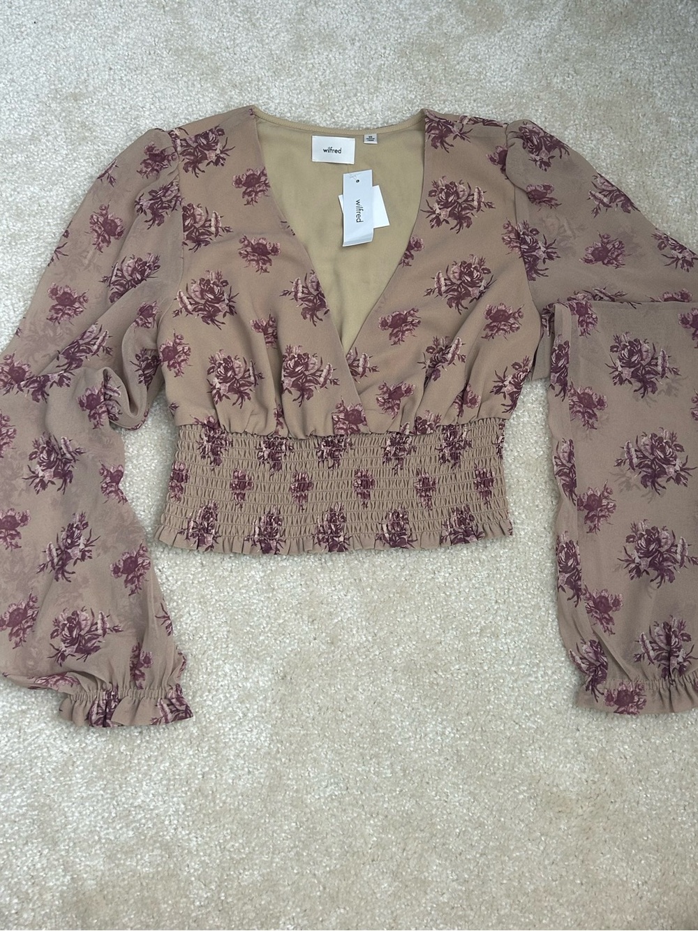 Aritizia Wilfred Taupe Floral V-Neck Blouse